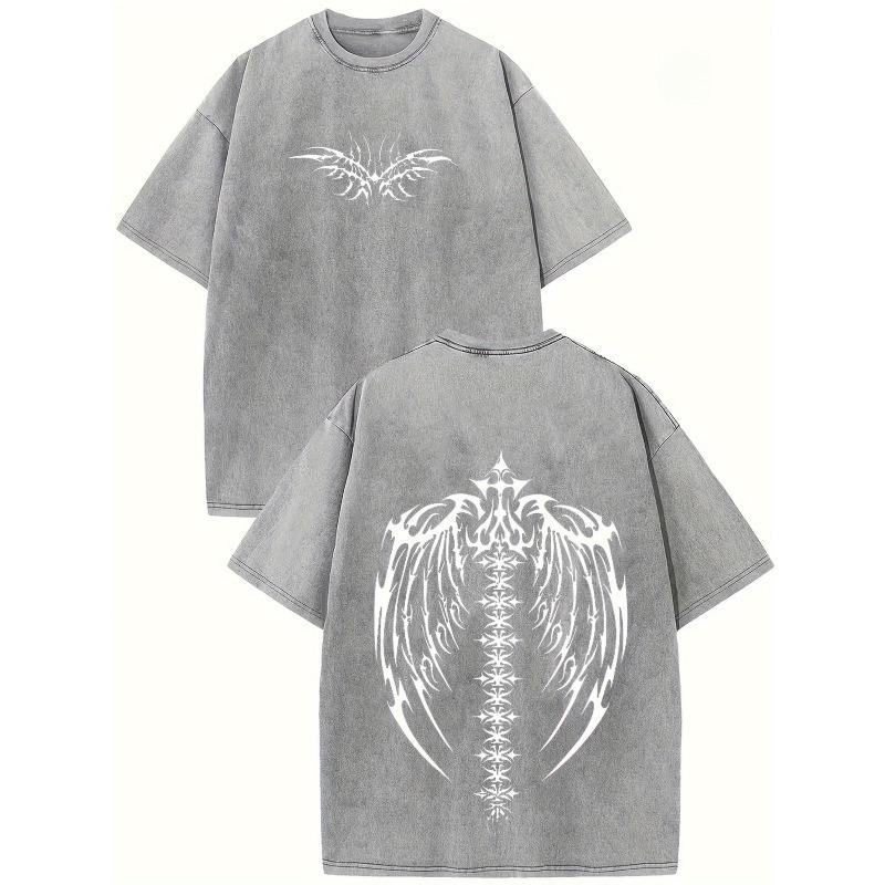 European sizes Men's T-Shirt- Features a Double-Sided Retro White Wing Design, Round Neck, Perfect for Casual Outdoor Wear