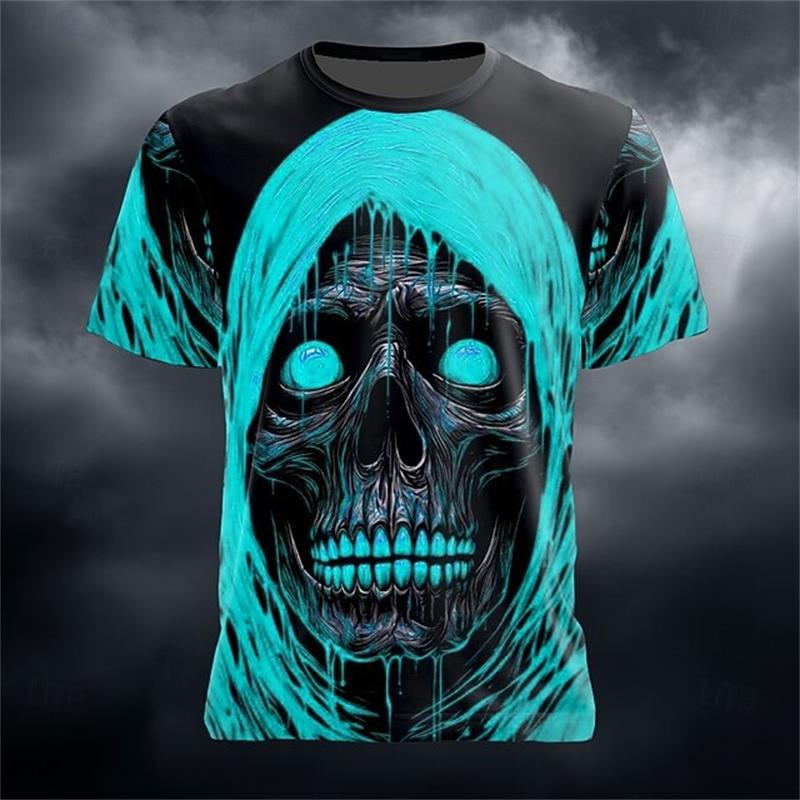 2025 Neues Herren Atmungsaktives Rundhals-T-Shirt mit Gruseligem Totenkopf-Print für Halloween Kurzarm Street Hip Hop Casual Outdoor Oberteil