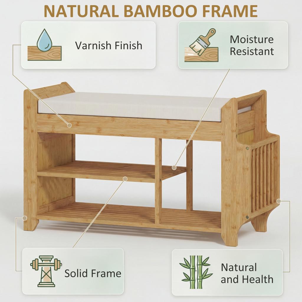Shoe Bench 2 Tier Boot Section Entryway Storage Bench Cushioned Seat 80 X 30 X 50 Cm Natural And Cream