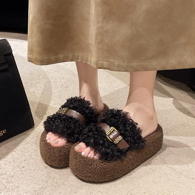 Women Fashion Slippers Round Toe Platform Sole Belt Buckle Open Toe Cotton Slippers Outdoor Fashion Plus-size One-line Slippers