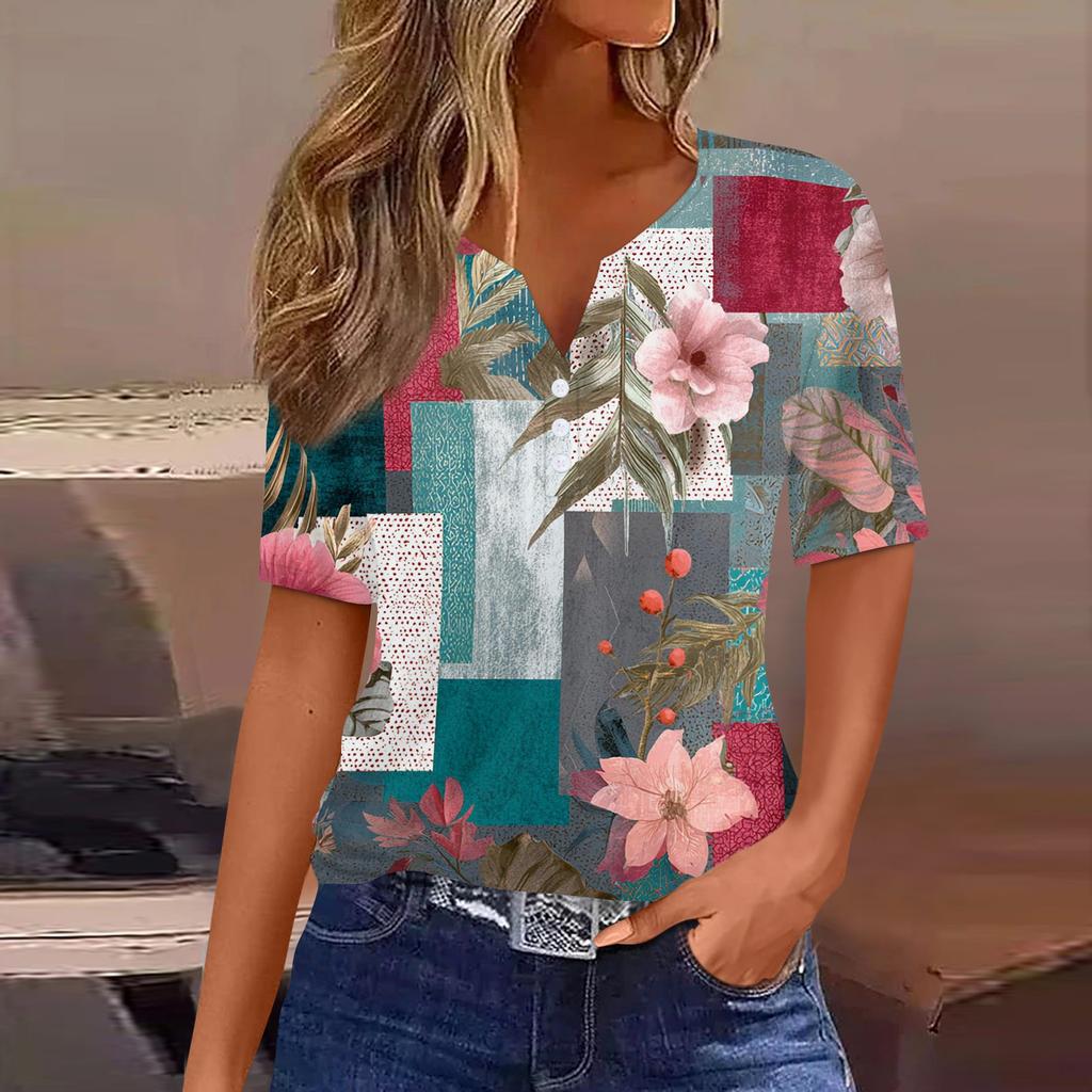 Women's Fashionable Casual Retro Print V-Neck Short Sleeve Decorative Button T-Shirt Top