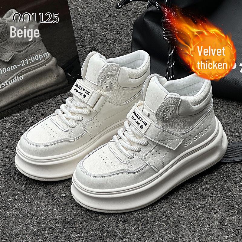 Women's High-Top Genuine Leather Velcro Sneakers with Thick Soles - Height-Enhancing Casual Sports Shoes for Spring & Autumn 2025