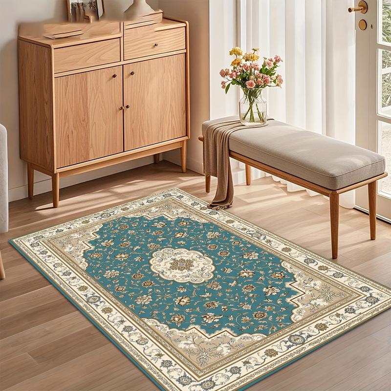 

Teal Cream Medallion Area Rug for Living Room Bedroom Traditional Persian Ornate Eco-Friendly Home Decor Soft Non Slip Floor Mat 40x60cm