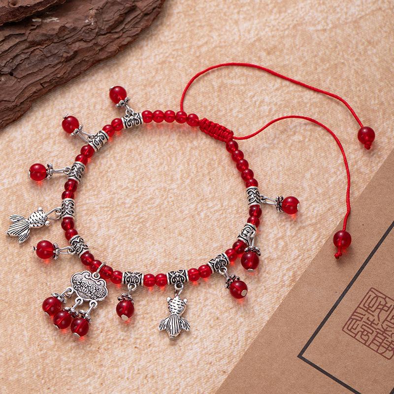 Red String Foot Chain Garnet Foot Accessory Long-life Lock Bell Handcrafted Beaded Accessory
