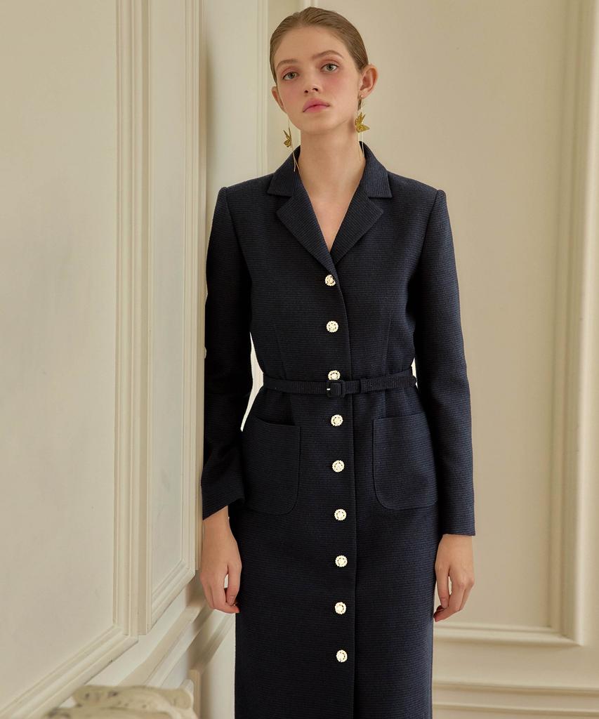 Julie And Kara 24 Fw Collar 99 Etoile Long Queen Dress Tweed Dress Navy