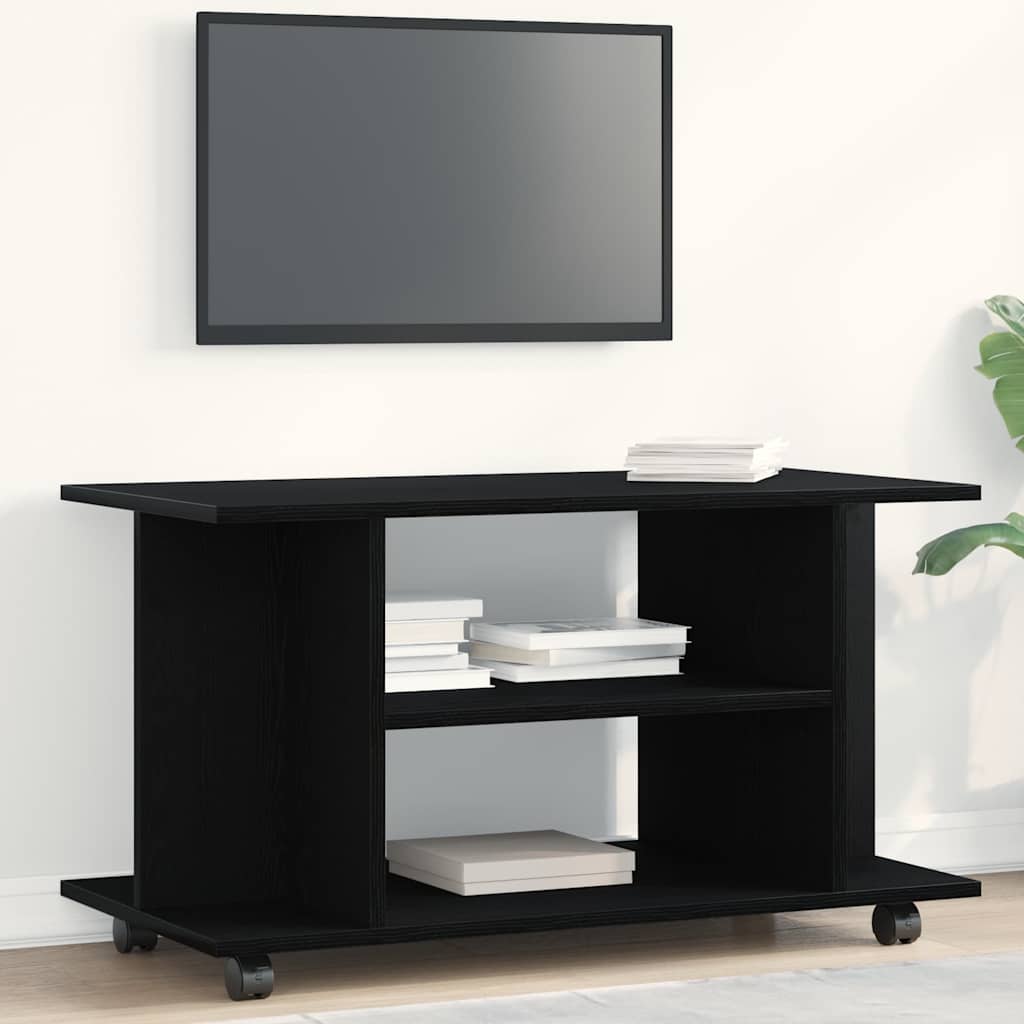TV Cabinet with Casters Black Oak Effect 80 X 40 X 45 Cm