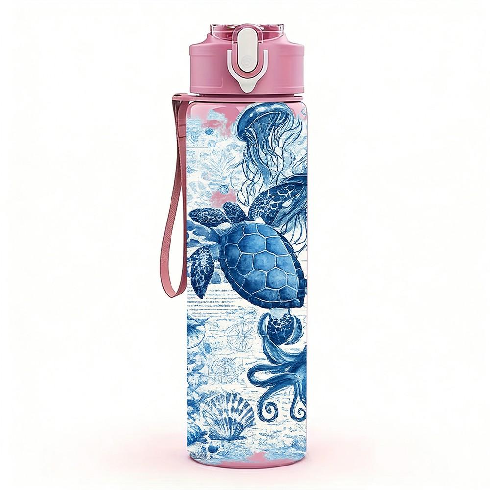 1PC Blue Tone Mermaid Ocean Theme Print 750ml Color Plastic Sports Water Bottle Leakproof Flip Straw Lid Suitable for Sports Office Home Use