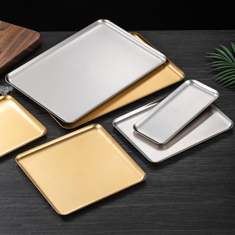 Korean Style Gold 304 Stainless Steel Rectangular Tray with Straight Edges: Perfect for Barbecue, Desserts, and Cakes