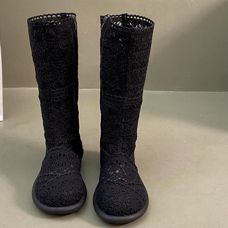 Mode Mode Mesh Hohe Kalte Stiefel Damen Sommer Runde Zehe Seitenreißverschluss Dünner Ausschnitt Baumwoll- und Hanfstil Niedrig Absatz Stiefel
