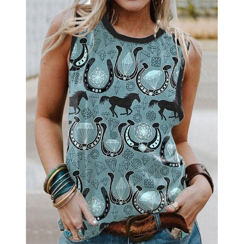 New retro western denim sleeveless T-shirt with women's 3D horse print, round neck and off shoulder vest, Y2K sleeveless T-shirt, women's clothing