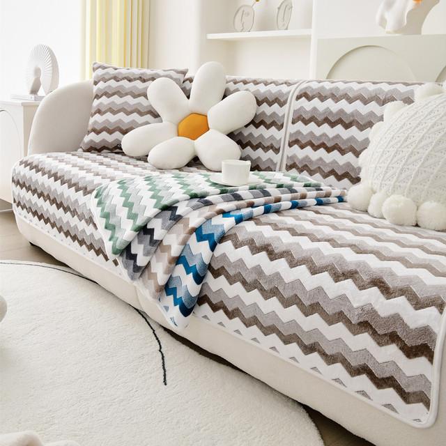 Autumn And Winter Plush Color Wave Sofa Cover Thickened Warm Non -Slip Living Room Sofa Back Towel Furniture Protection Cushion