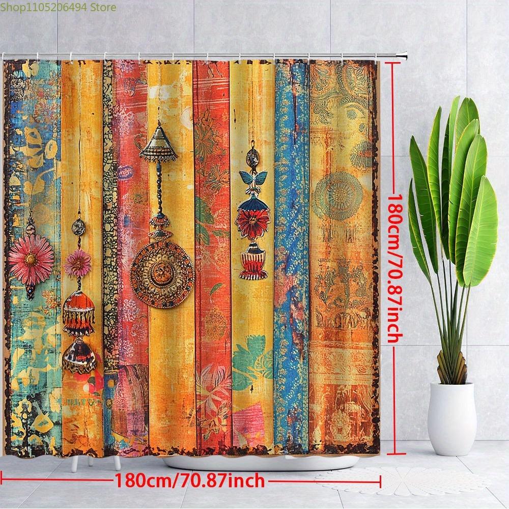 1pc Vintage Bohemian Shower Curtain - Indian-Inspired Ornament Design with Colorful Pendants on Rustic Wood, Polyester Fabric