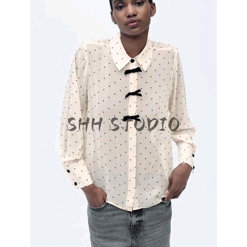 Spring New Dot Bowknot Decoration Long sleeve Lapel Shirts 2136493 2136623 2136575