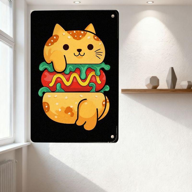 Cute Cartoon Whimsical Sandwich-Cat Hybrid Metal Tin Sign for Wall Decor, Framed with Silver Rivets, Flat Colors Home Cafe Bar A