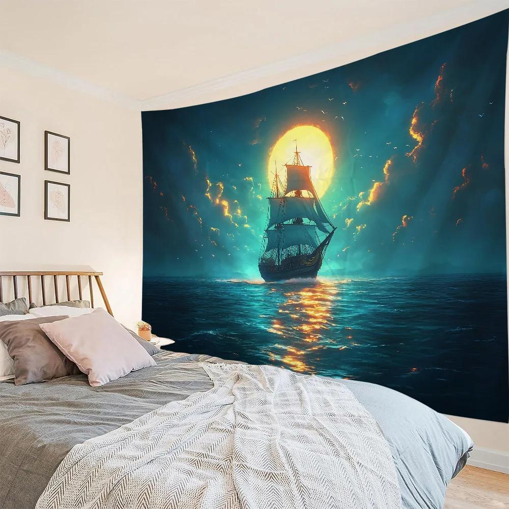 HD-Dreamy Sea & Pirate Ship Wallpaper - Oil Painting Style Wall Art for Bohemian Home Decor, Ocean Themed Room or Bed Cover