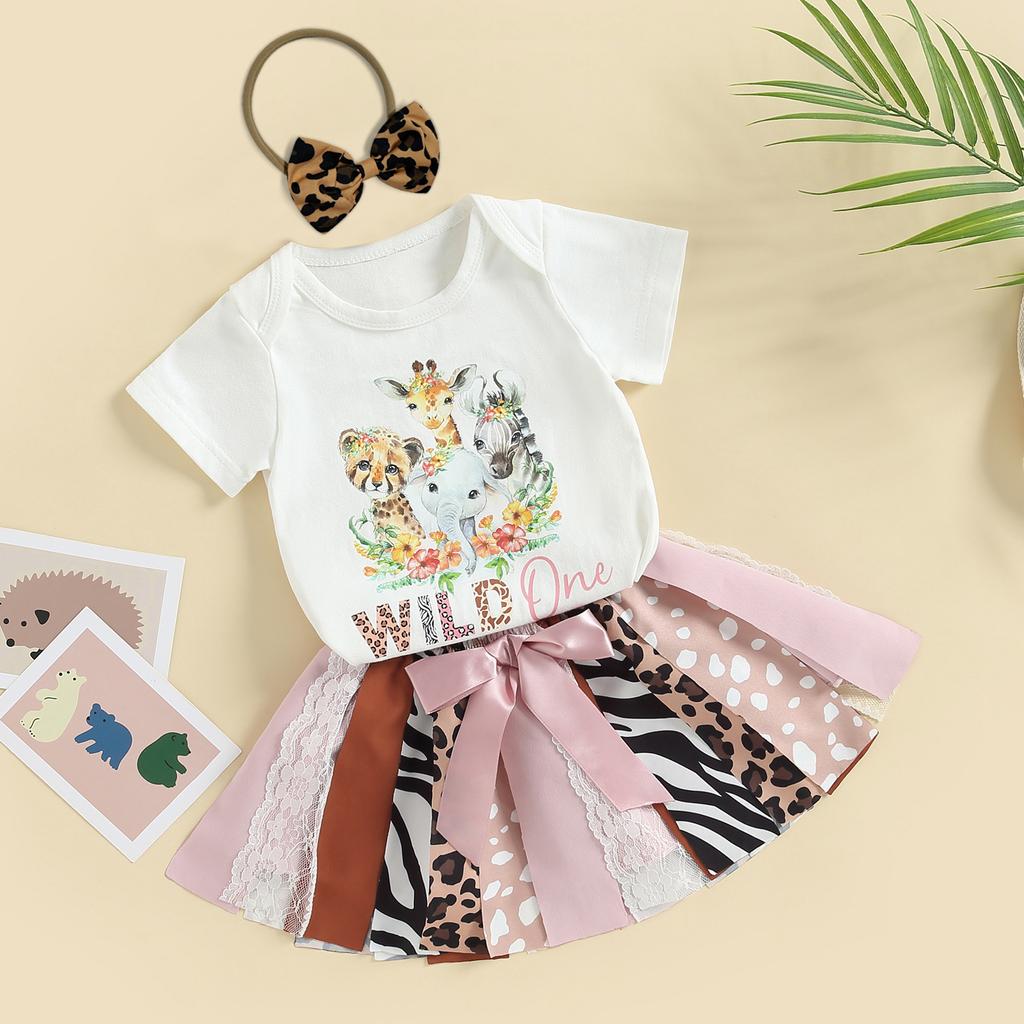 Baby Mädchen Sommerkleidung Anzüge Kurzarm Rundhalsausschnitt Strampler Zebra-Muster Leopard Spitze Patchwork Röcke Stirnband 3-teiliges Set