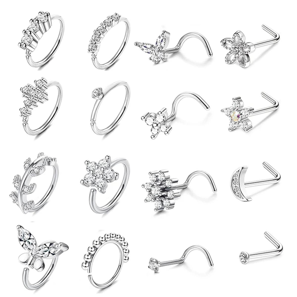 16Pcs 20G Flower Butterfly Nose Rings