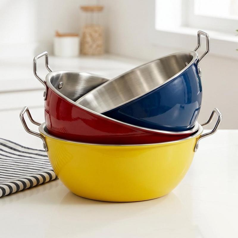 Colored Design Stainless Steel Kitchen Cooking Bowls Dual Handle Food Grade Anti-scald Bowl for Home Restaurant Use 1PC