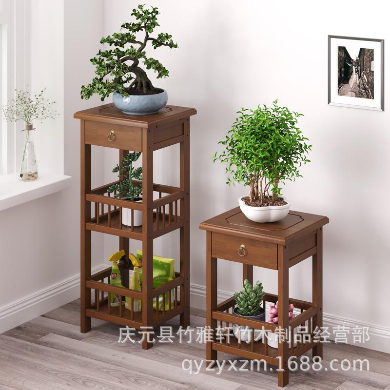 Modern Bamboo&Wooden Plant Stand-Living Room Corner Shelf with Storage Multi-Tiered Flower Pot Holder for Balcony & Indoor Decor