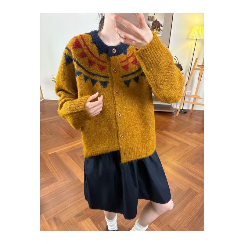 Vintage Contrast Geometric Crew Neck Single-Breasted Shoulder Long Sleeve Wool Blended Knitted Jacket Casual Top