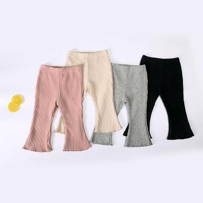 Children's Spring Summer Ribbed Flare Pants - Solid Color Elastic Casual Wear for Baby Girls and Toddlers