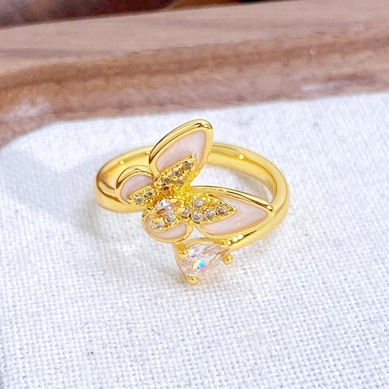 Medieval Vintage Flower Butterfly Enamel Diamond Open Ring Stacked With Niche High-End Light Luxury Ring Woman