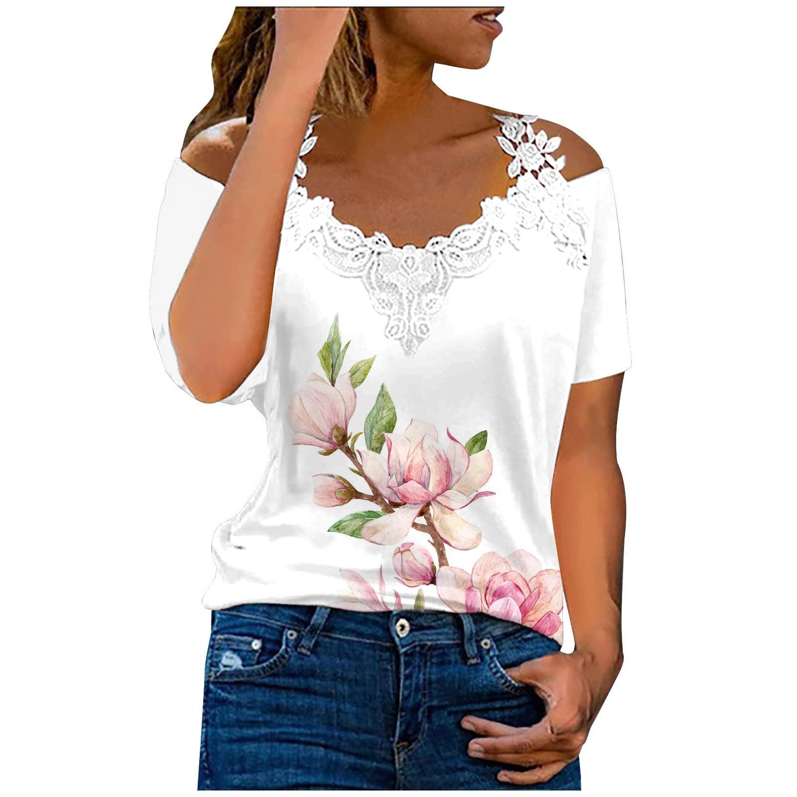 

(SU)Женские кружевные лоскутные топы с v-образным вырезом, футболка с короткими рукавами, футболка с принтом, туника, топ