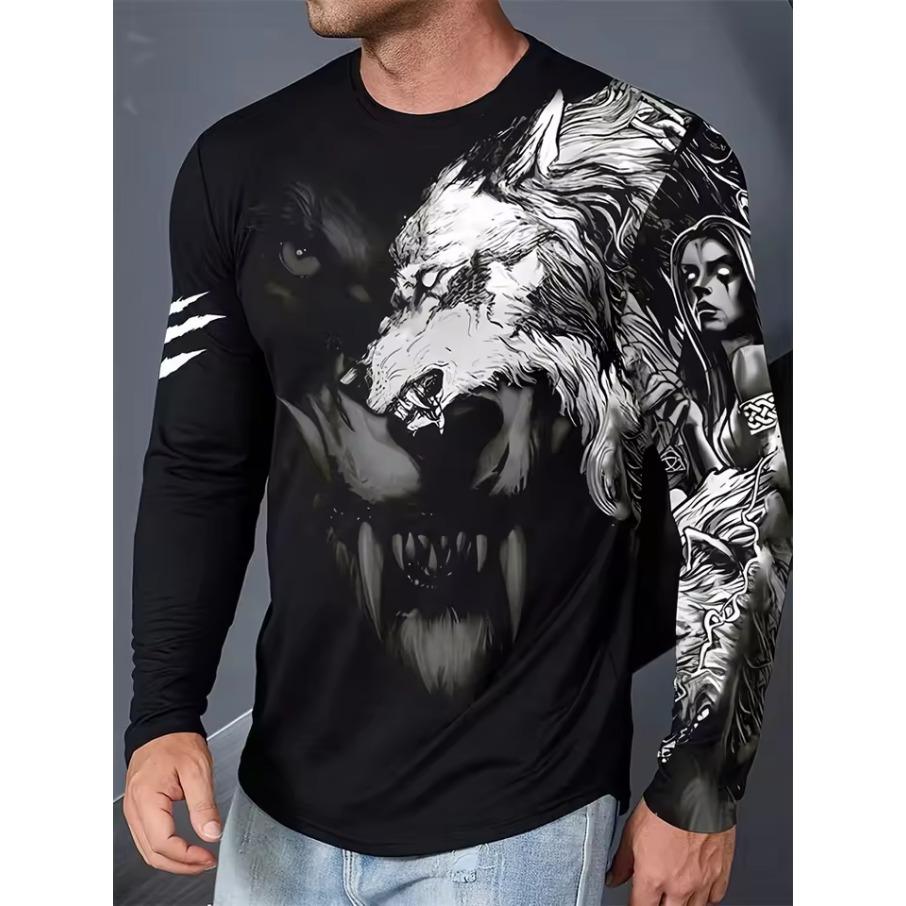 Street Fashion Men's Long Sleeve T-shirt Spring And Autumn Men's Daily Casual Top 3D Wolf Print Men's Long Sleeve T-shirt