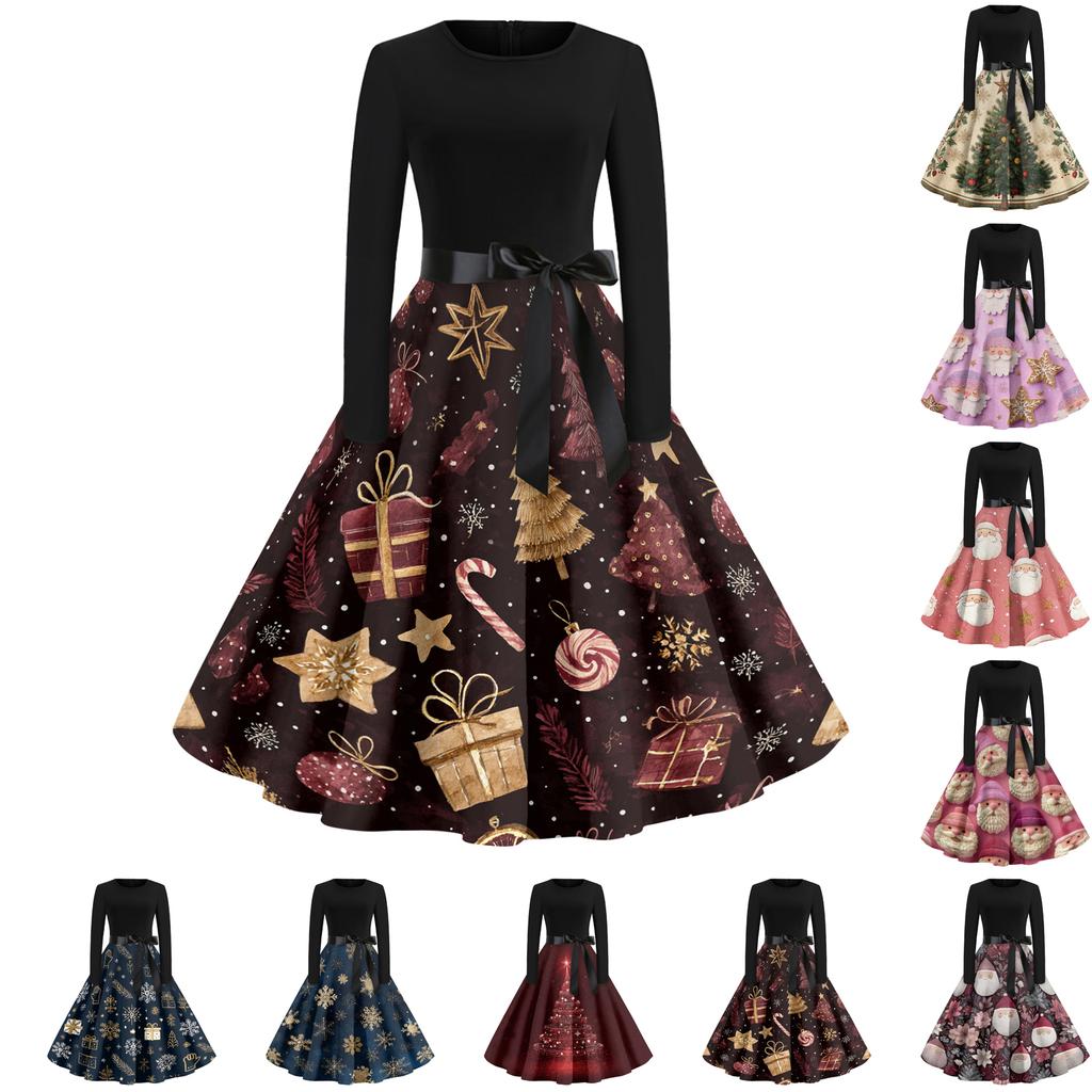Women's Casual Fashion Round Neck Christmas Printed Vintage Dress