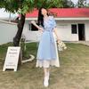 Summer French Women's Fake Two-Piece Shirt Dress V Neck Waist Slim Long Elegant Literary Dress