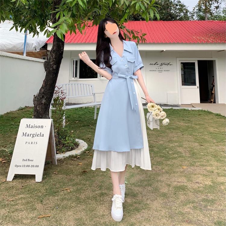 Summer French Women's Fake Two-Piece Shirt Dress V Neck Waist Slim Long Elegant Literary Dress