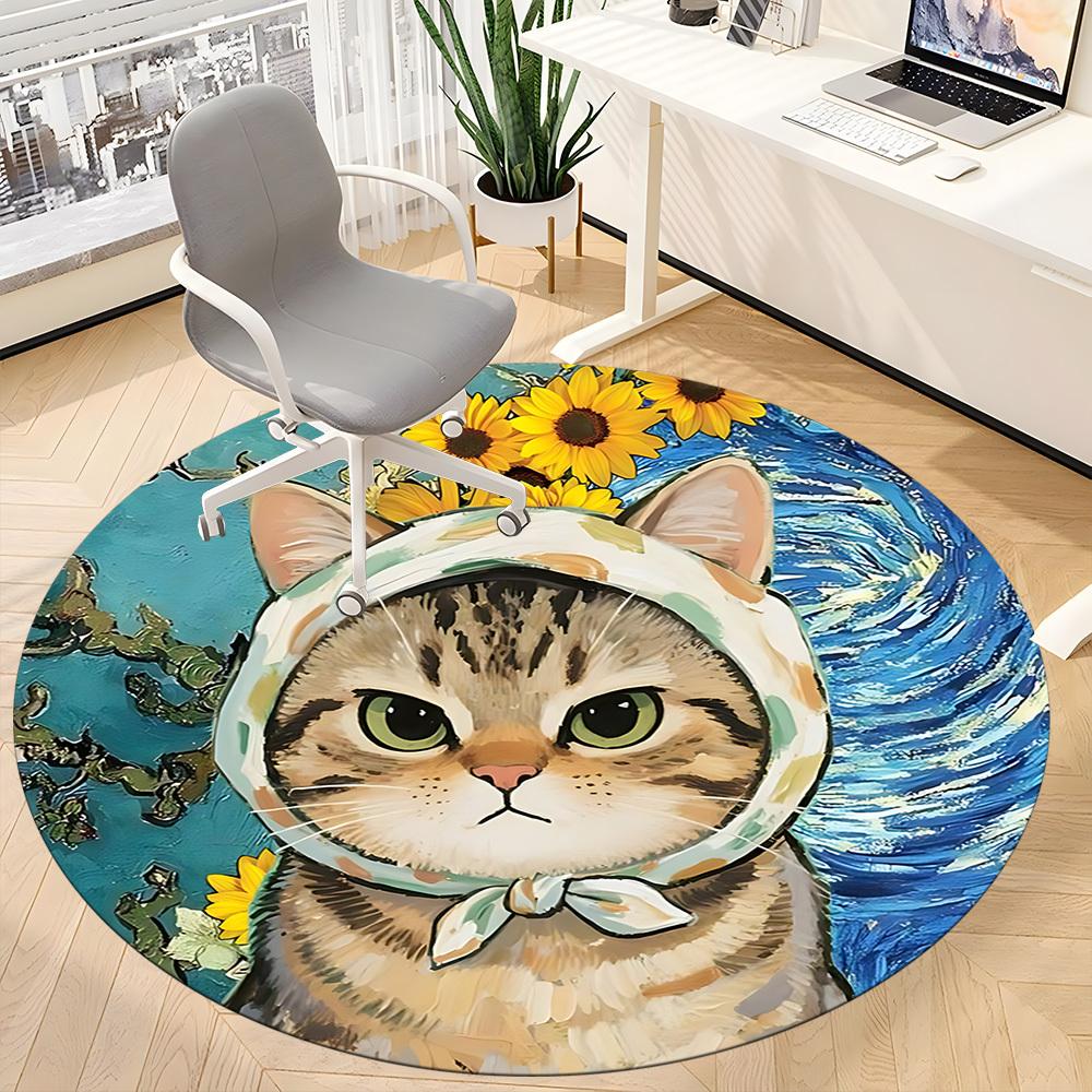 1PC Cat Sunflowers Office Round Area Rug,  Mat Suitable ForOffice, Under Office Chairs Bedroom Living Room Home Decor, Room Deco