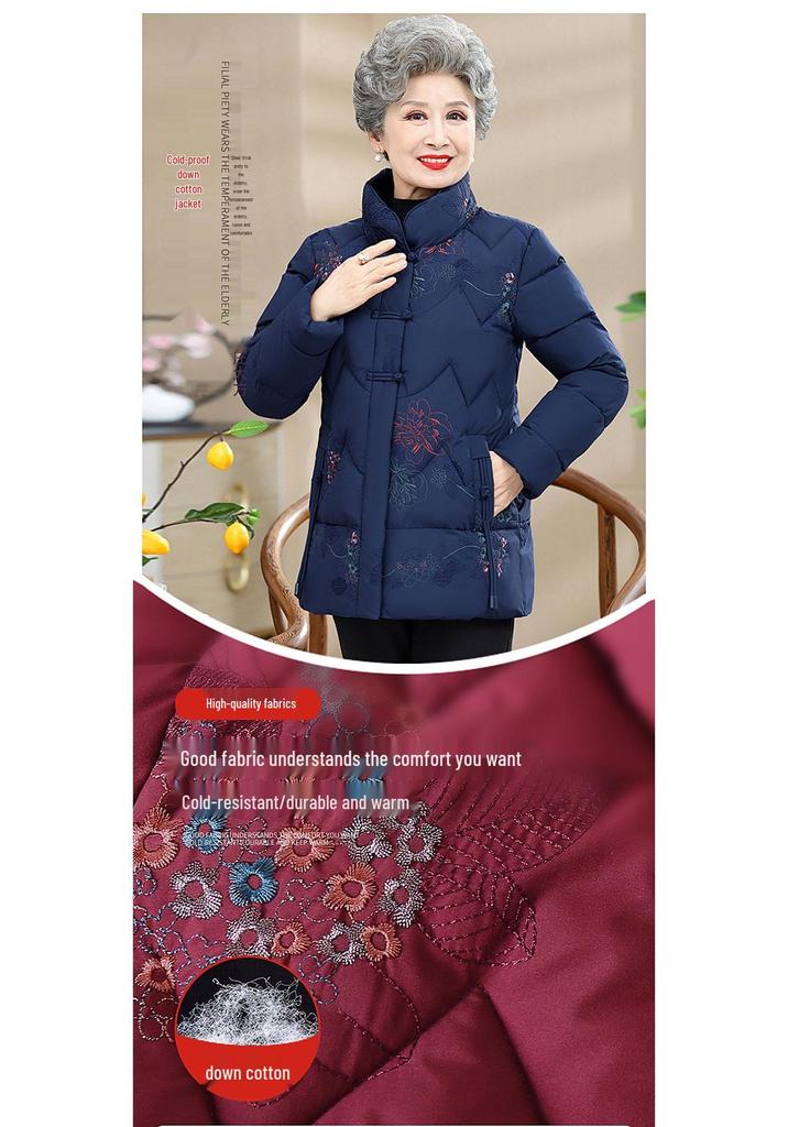 Winter Warm Cotton Coat for Middle-Aged and Elderly Women - Mid-Length Grandma Style Jacket