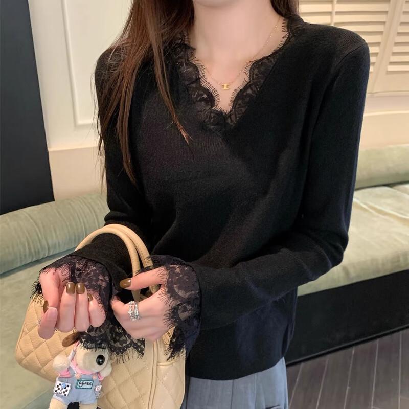 Dámský top s dlouhým rukávem a výstřihem do V z krajky YUZHAOLIN