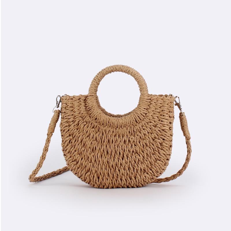 Bolsa semi-redonda simples e popular de palha trançada, bolsa de praia tecida à mão, bolsa mensageira de mão para viagem de férias