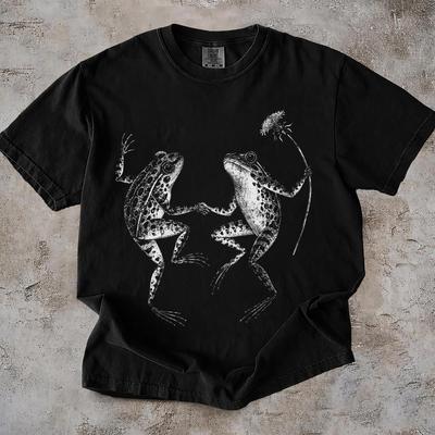 Dancing Frogs T-Shirt, Dandelion Amphibian Graphic Tee, Cottagecore Nature Lover Top