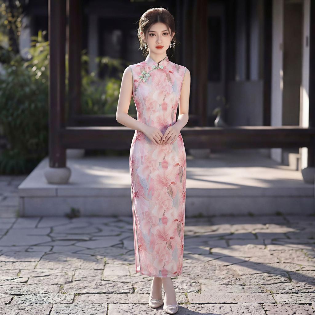 Pink Smudged Improved Cheongsam 1011 New Sleeveless Young Girl Slim-fitting Long Floral Daily Dress