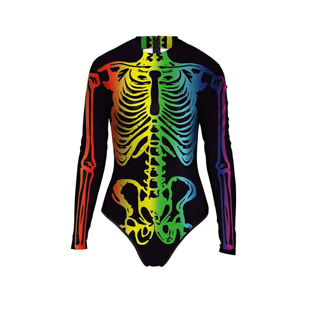 Halloween Carnival Colorful Skeleton Print Women's Skinny Gymnastics Suit Long Sleeve Swimsuit Women