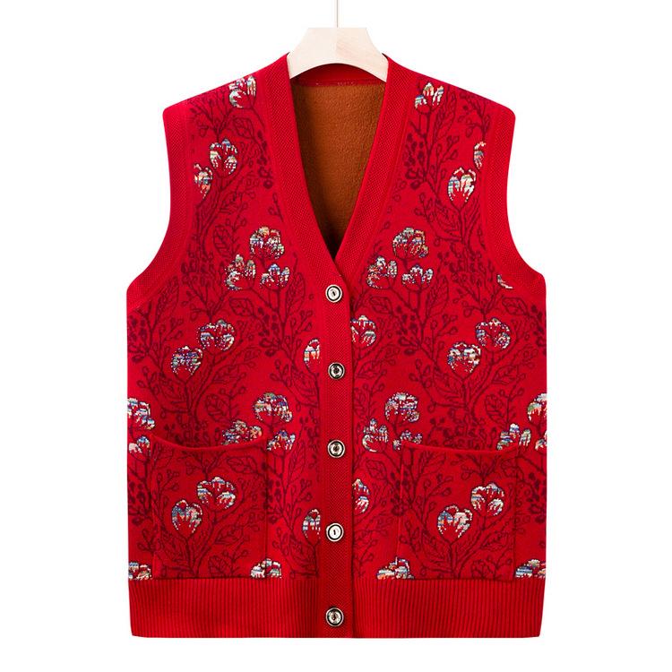 Middle-aged and Elderly Mothers' Clothes, Old Ladies Autumn and Winter Coats, Grandmas Wear New Style Vest Knitted Vest Plus Velvet Thickened