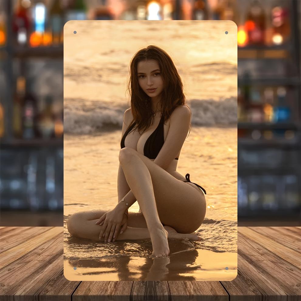 Metal Wall Art 8x12 Inches - Sexy Beach Model Sign for Man Cave, Home Office Bar Decor - Sunset Sea Scene