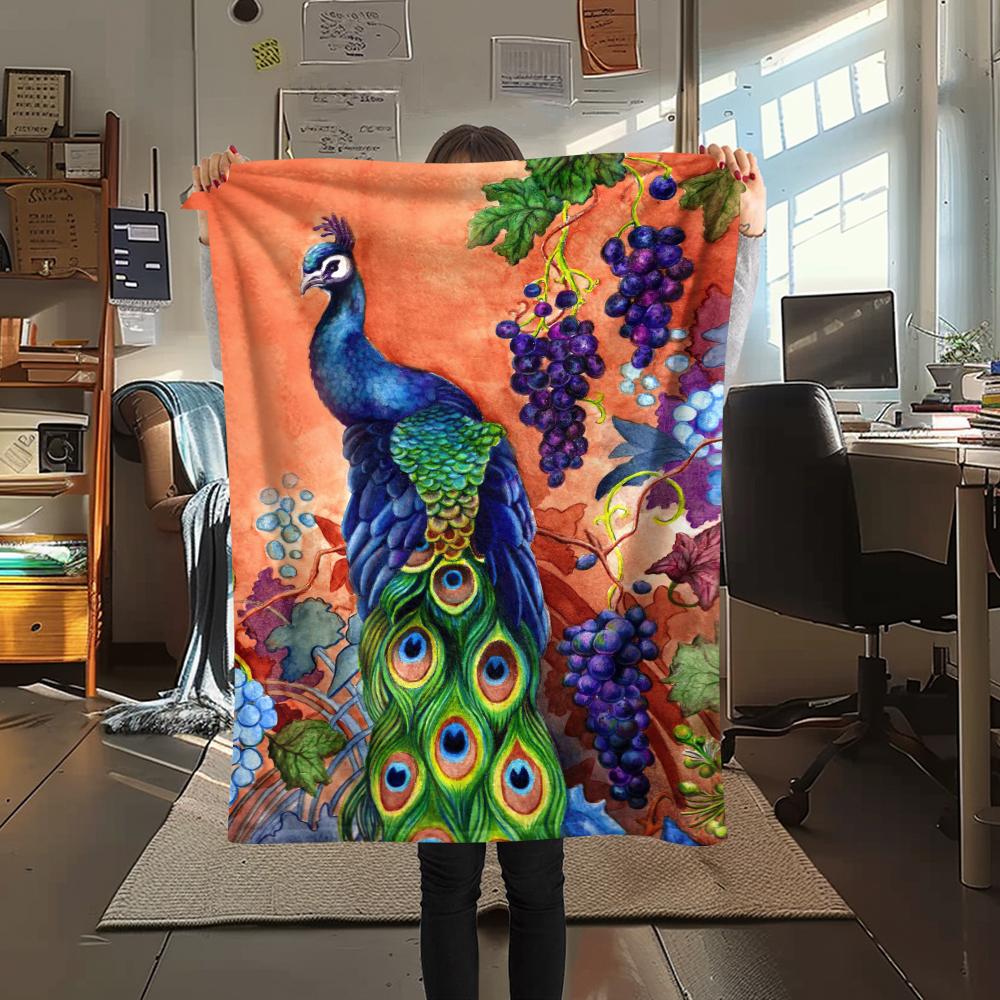 1Pc Peacock Oil Painting Print Flannel Blanket, High Quality Comfortable for All Seasons, Home Decor, Warmth and Comfort, Perfect for Christmas Gifts