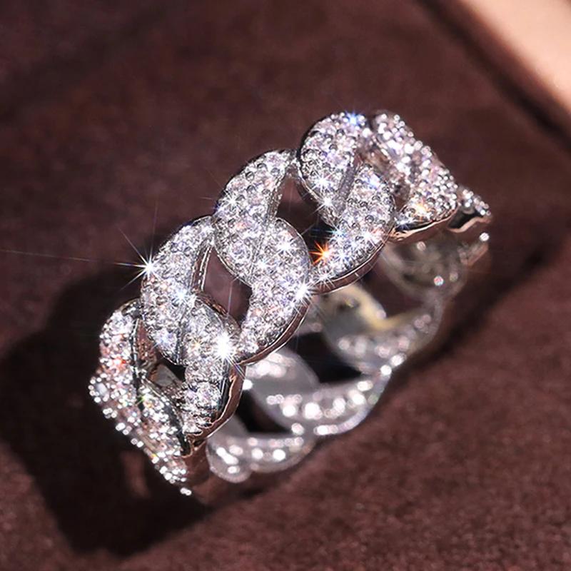 Huitan Statement Chain Linked Design Women Finger Rings Full Dazzling Cubic Zirconia Modern Fashionable Luxury Female Jewelry