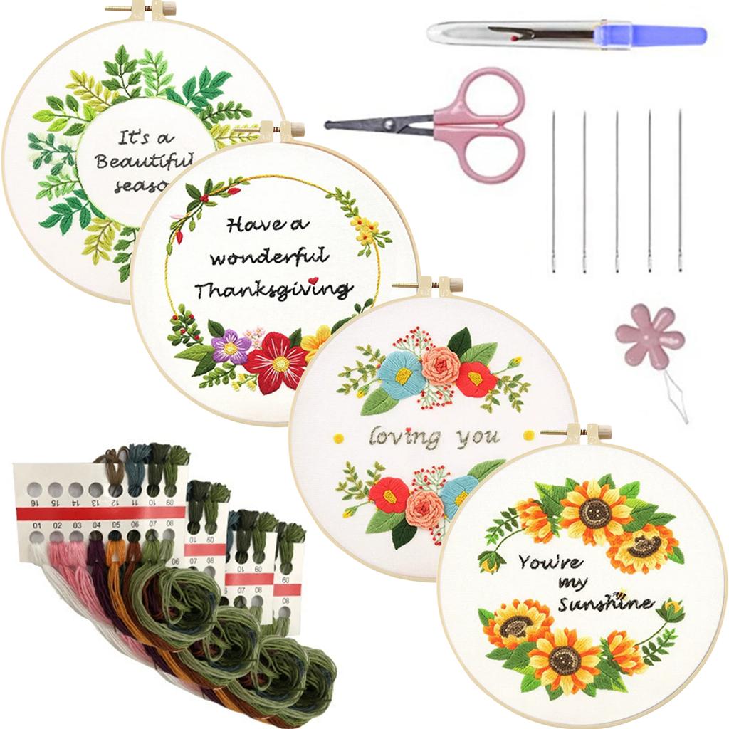 4 Pack Flowers DIY Embroidery Kit with Embroidery Hoop Embroidery Starter Kit 30x30cm for Adult Beginners Gift for Women