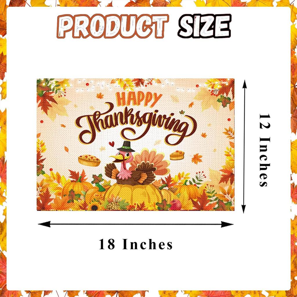 Happy Thanksgiving Placemats Set of 4, Turkey Placemats for Party Supplies, 12 X 18 Inch