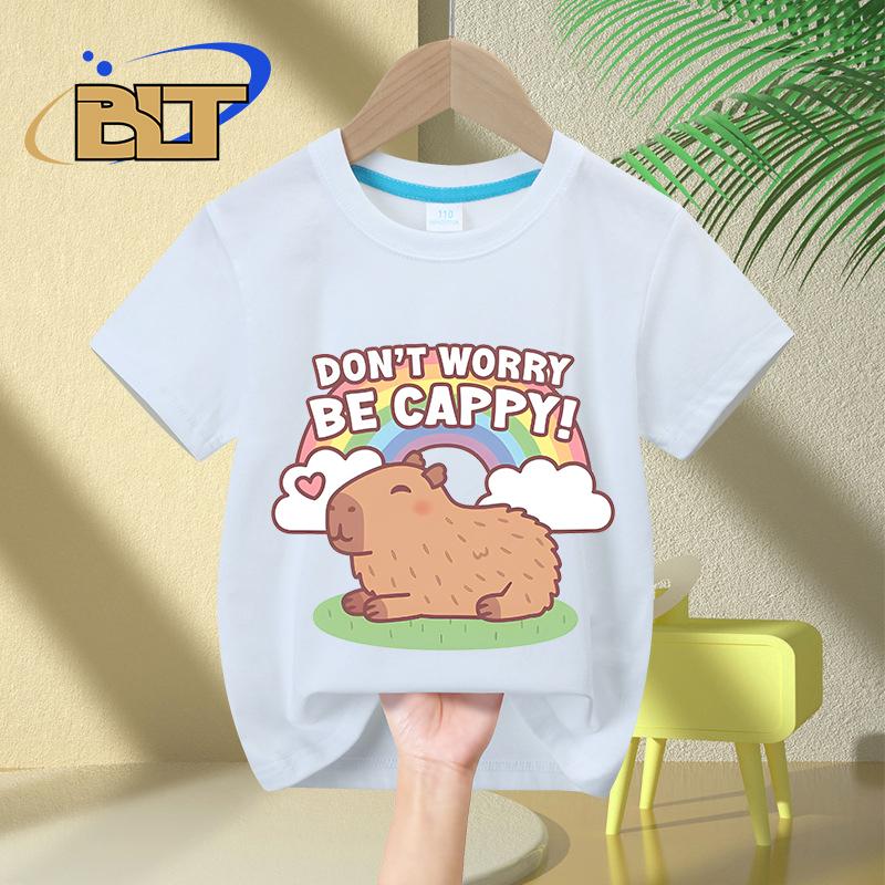 Cute Capybara And Rainbow Dont Worry Be Cappy kidsTshirt summer pure cotton shortsleeved casual top for boys and girls