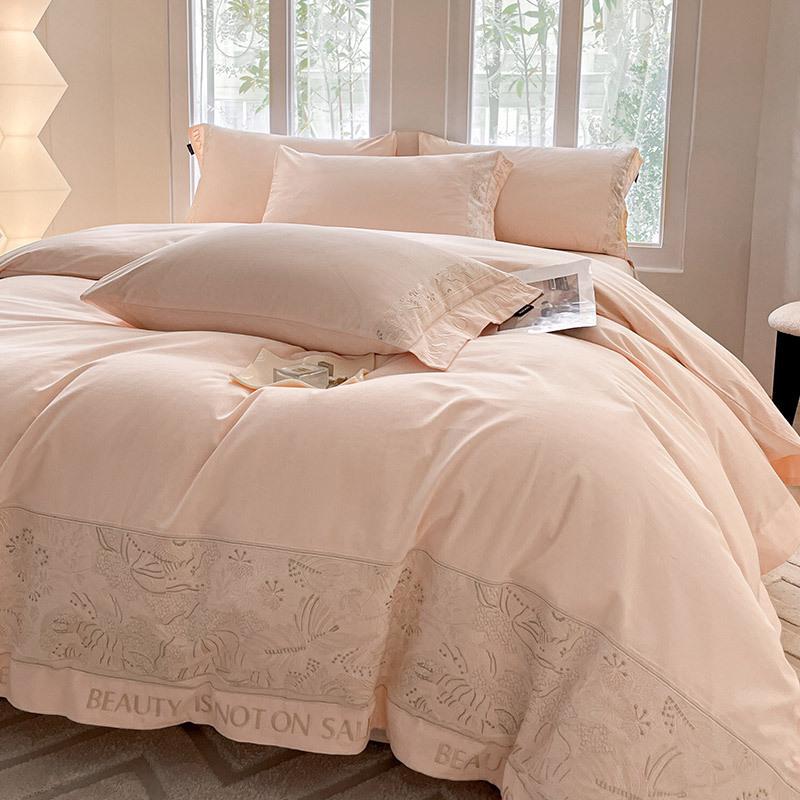 Mercury Pure Cotton Embroidered 4-Piece Set: Brushed Thick Warm Long-Staple Cotton Solid Color Fitted Sheet