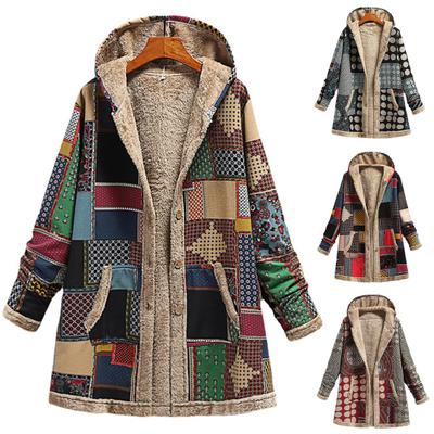Women Overcoat Keep Warm Hooded Polyester Ethnic Pattern Winter Coat for Daily Wear