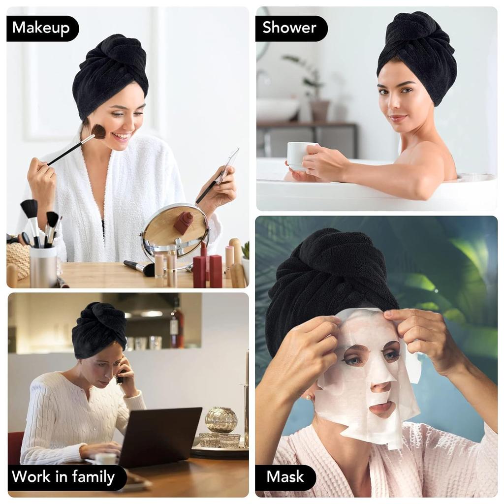 SINLAND Microfiber Hair Drying Cap Hair Towel Turban Twist for Women Fast Drying Towels Head Turban Absorbent Soft Lightweight 3 Pack Black