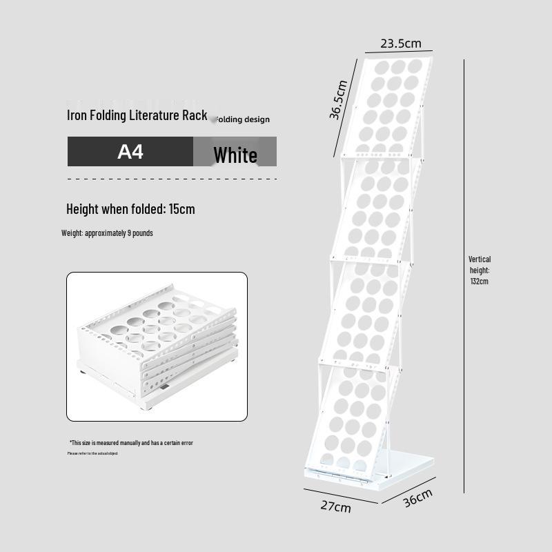 A4 Aluminum Folding Document and Magazine Display Rack for Catalogs, Books, Newspapers, and Photography Exhibitions.