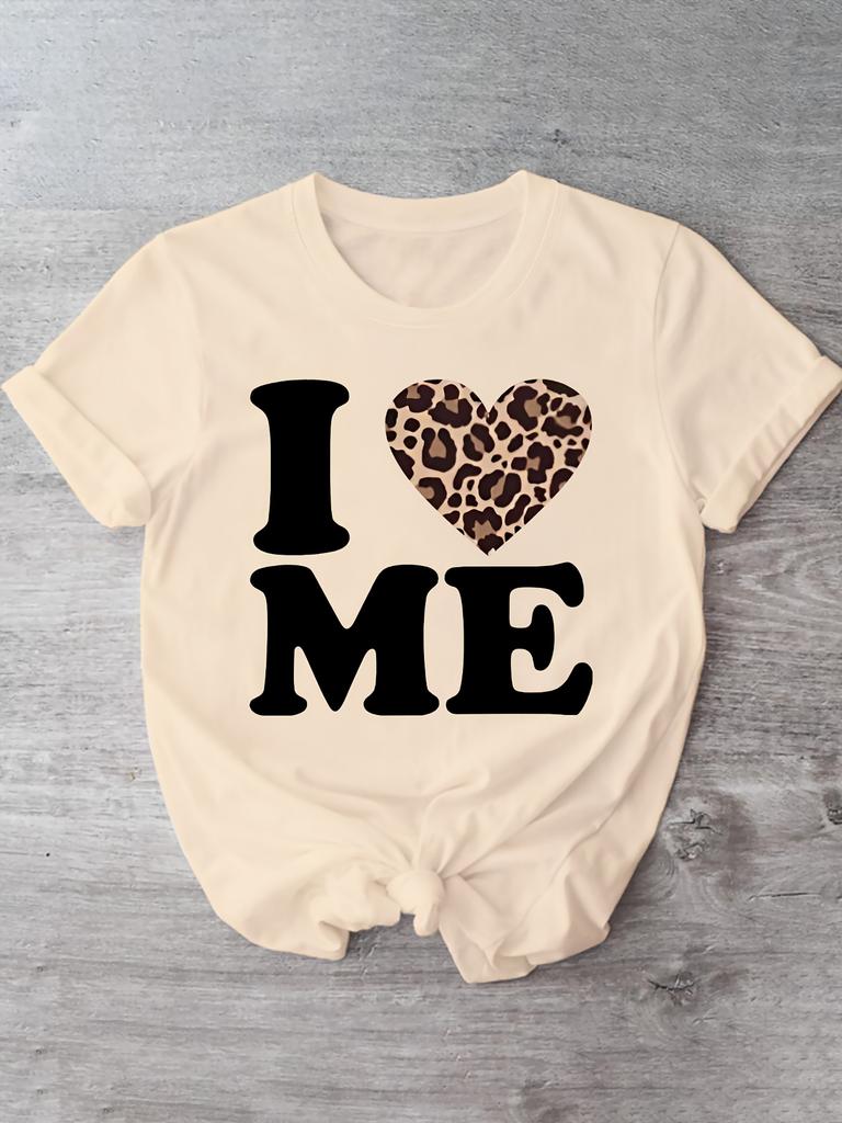 Women'S I Me Leopard Heart Print T-Shirt  Casual  Comfortable Crew Neck Short Sleeve Tee Perfect for Casual Attire Trendy Casual